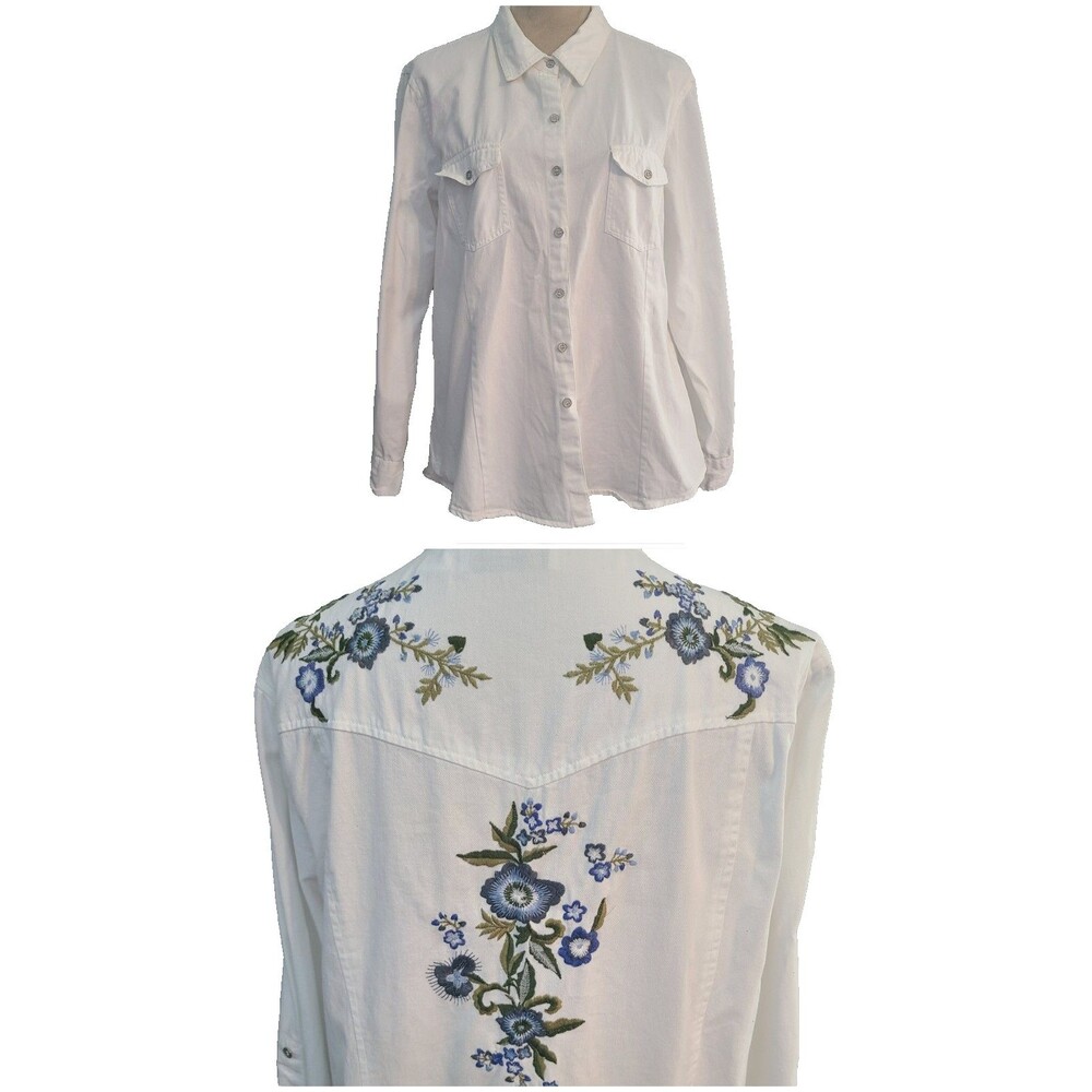 Back In The Saddle Floral Embroidered Denim Shirt XL White Boho Peasant Western